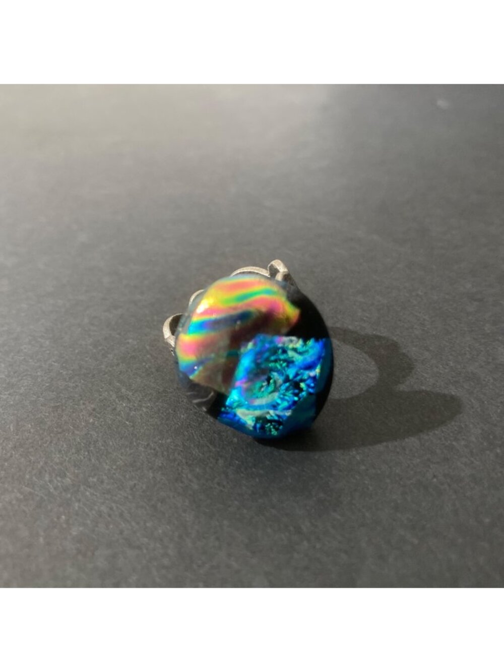 Silver Tone Dichroic Foil Glass Statement Ring Size 7.5